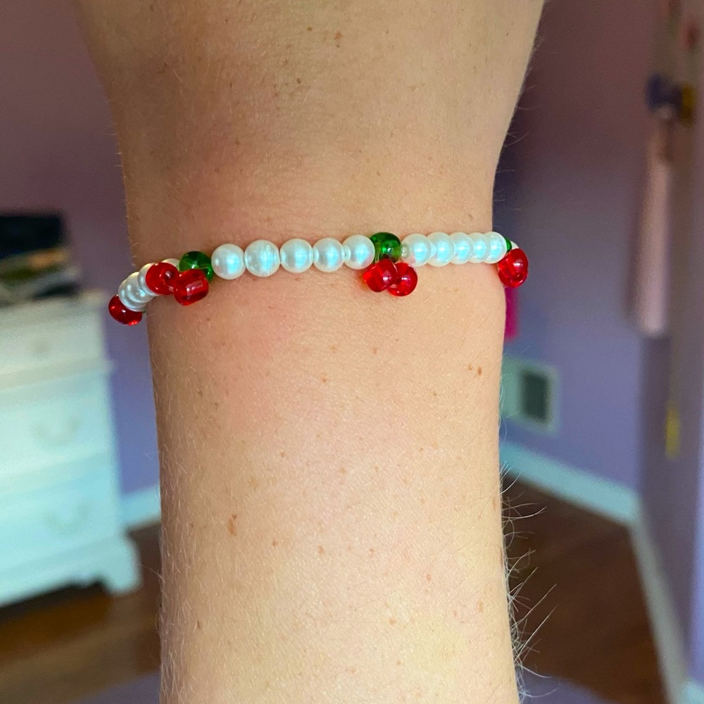 Cherry and pearl bead bracelet!! Stretchy (not real pearls), custom bracelet!!